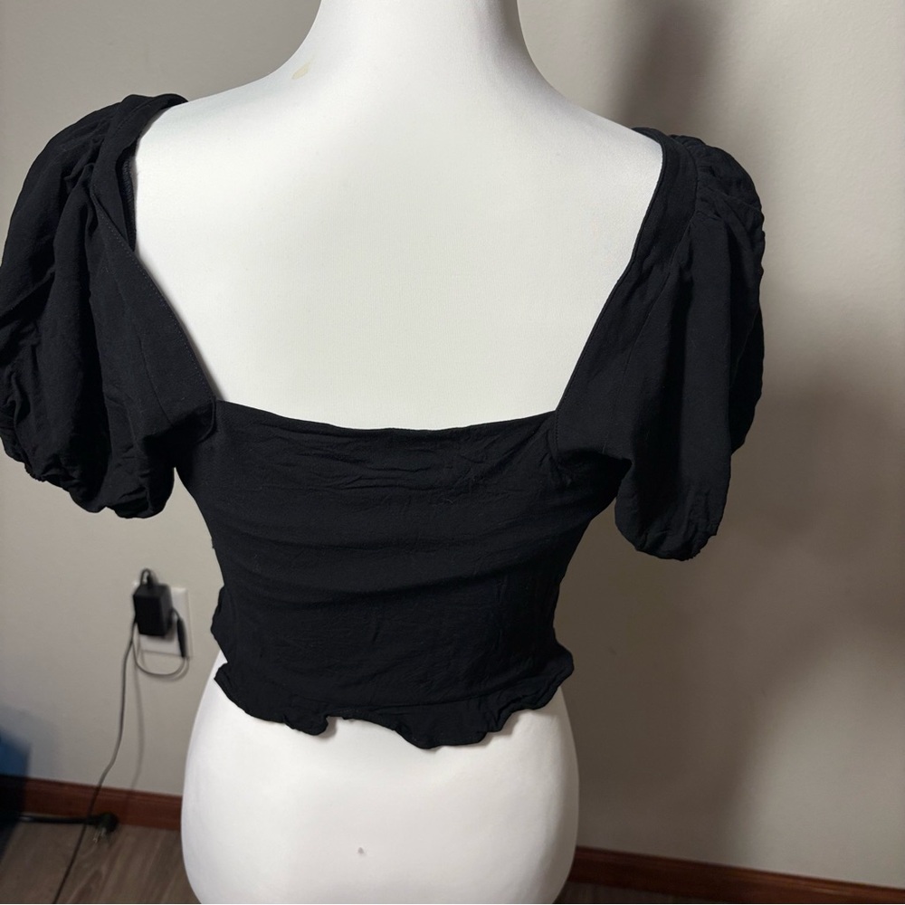 Saltwater Luxe Beaded Sequin Crop Top Black Puff Sleeve Square Neck Blouse M - Picture 8 of 10